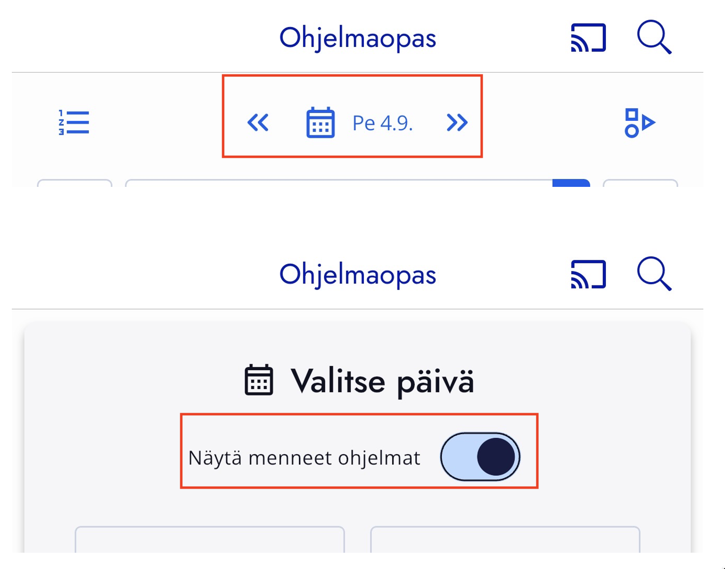 Kuvassa näytetään kuinka Elisa Viihteen iOS-sovelluksessa saa menneet ohjelmat näkyville ohjelmaoppaaseen
